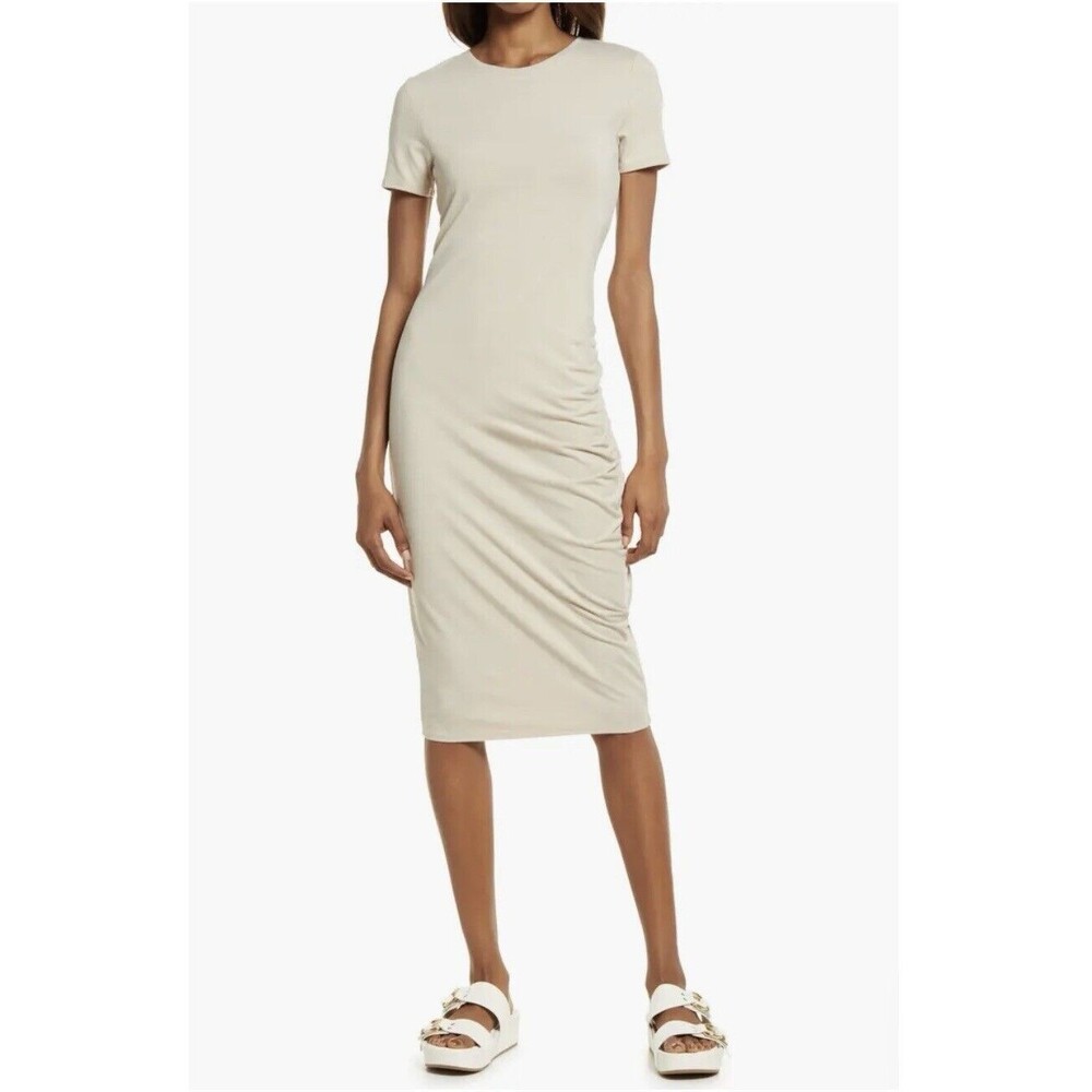 NEW Treasure & Bond Side Ruched Body-con Dress In Beige Size‎ XXS